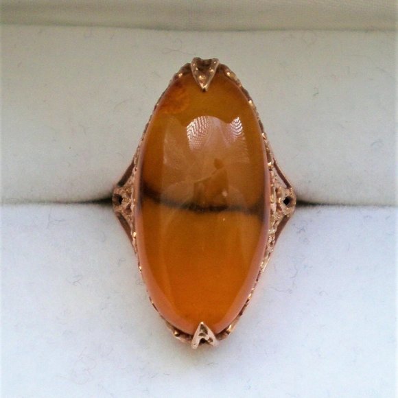 Russian USSR Original 14K 583 Rose Pink Gold Baltic Honey Amber Cocktail Ring - Picture 6 of 10
